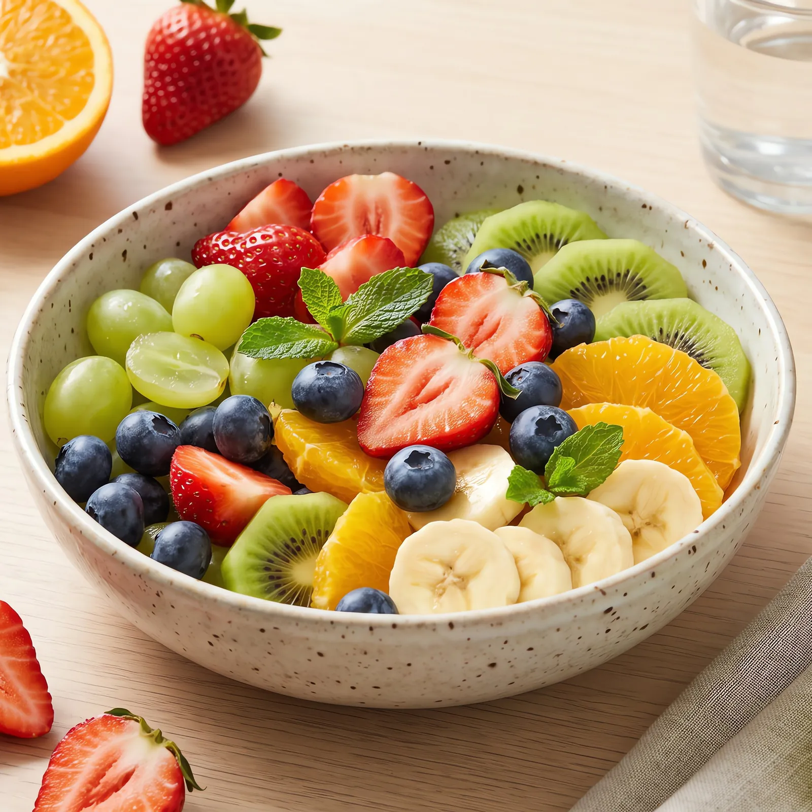 A bowl of fresh fruit salad on a kitchen table, with oranges, strawberries and grapes around it